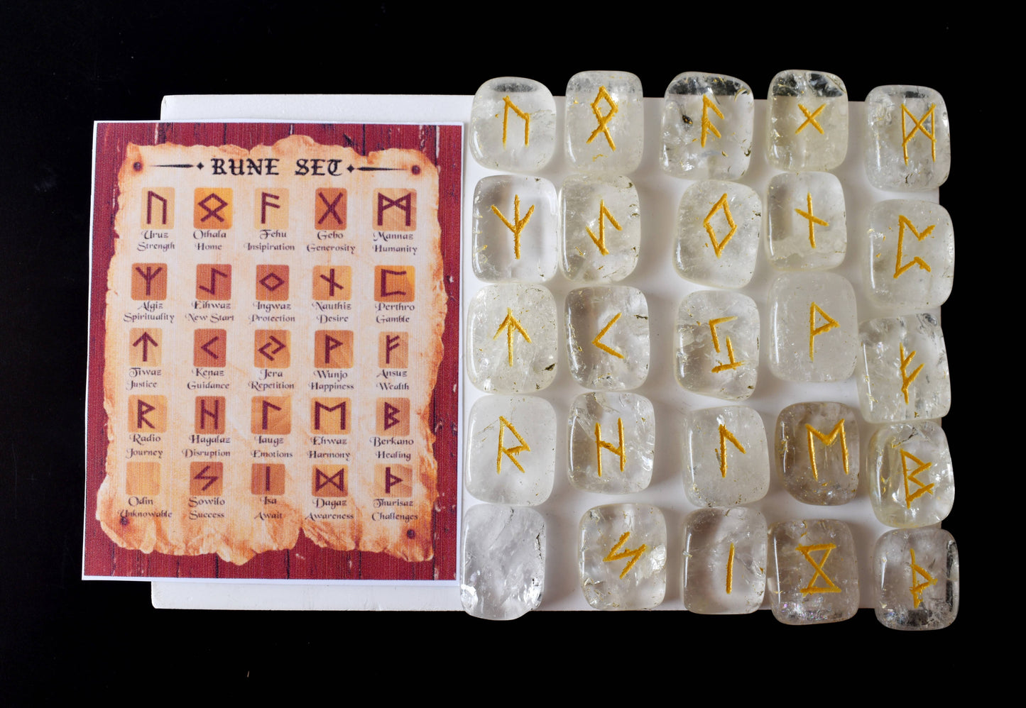 Crystal Quartz Rune Sets with Black Velvet Pouch and Rune Card