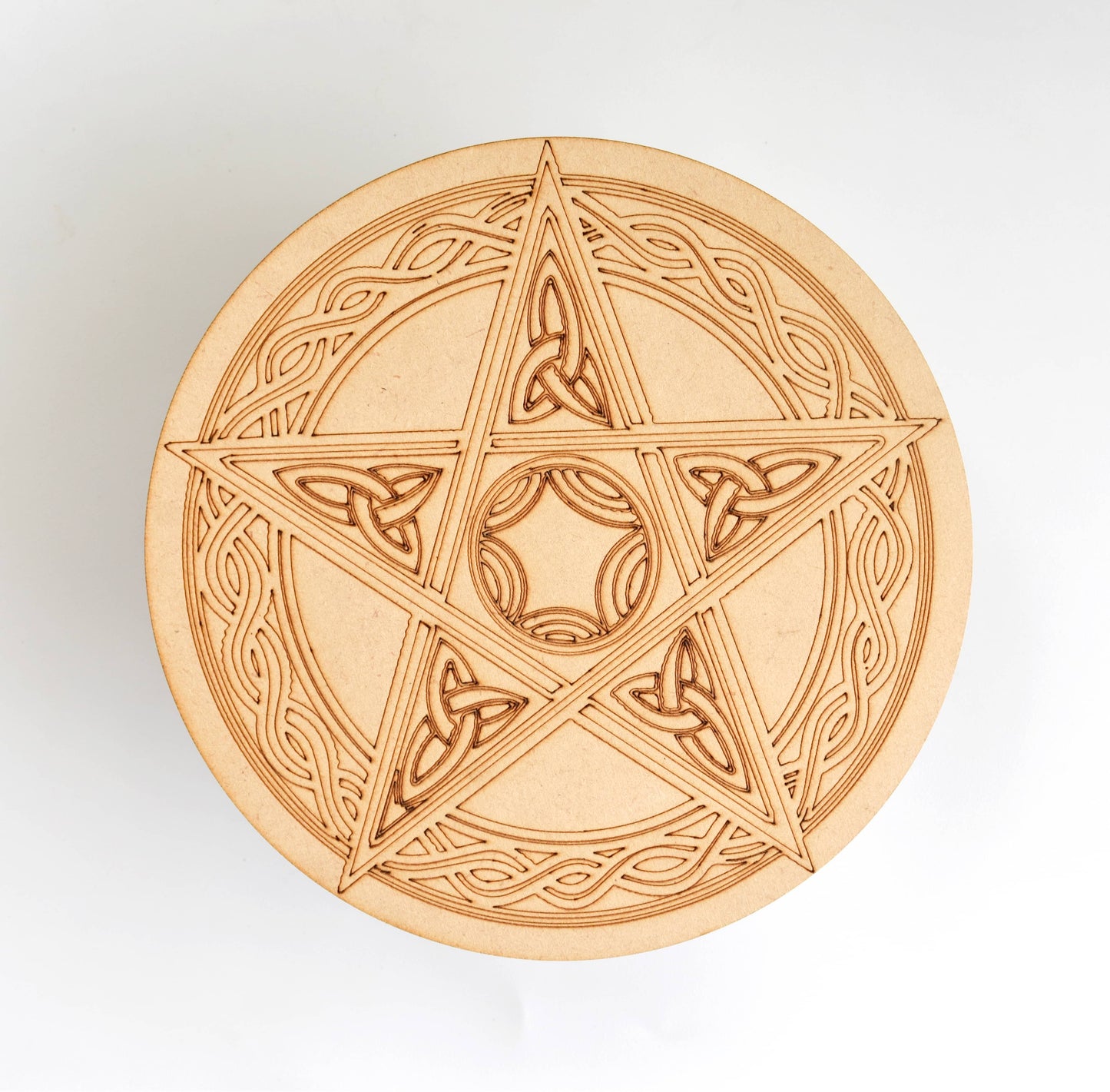 6" Wooden Pentacle Triquetra Crystal Grid Plate