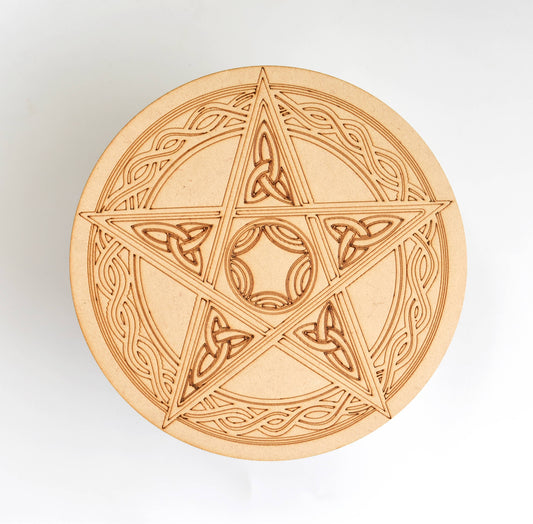 6" Wooden Pentacle Triquetra Crystal Grid Plate