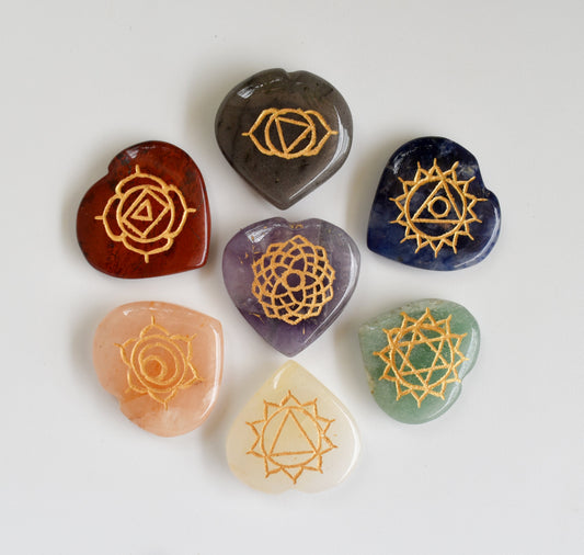 Chakra Crystals Set, Heart Shaped Reiki 7 Chakra Stones Set.