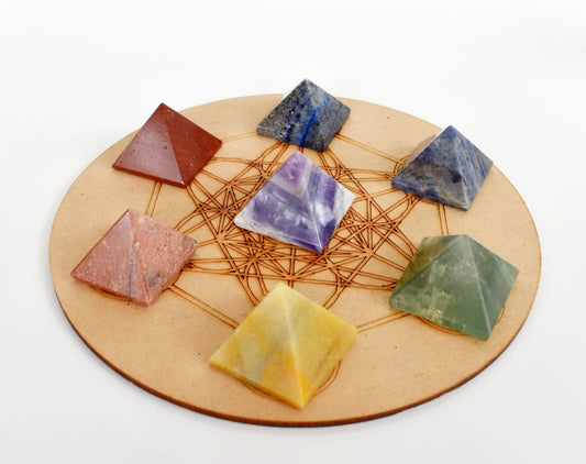 Chakra Crystals Set, 7 Chakra Pyramids Set,  Wooden Grid Plate, Selenite Log