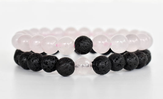 Lava Rose Quartz Couple Bracelets, Crystals Valentine Gift