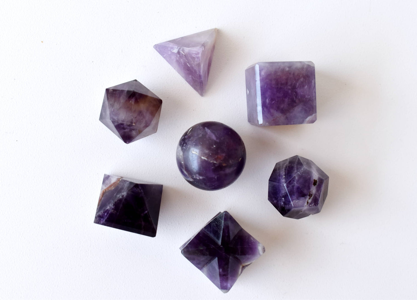 7 pcs Amethyst Platonic Solids Sacred Geometric Set, Crystal Geometry Set.