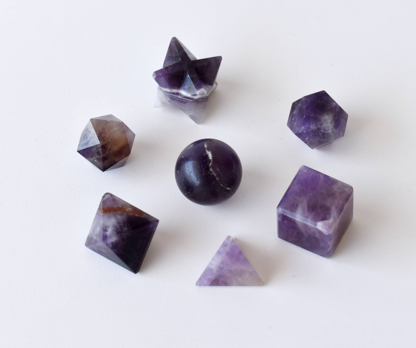 7 pcs Amethyst Platonic Solids Sacred Geometric Set, Crystal Geometry Set.