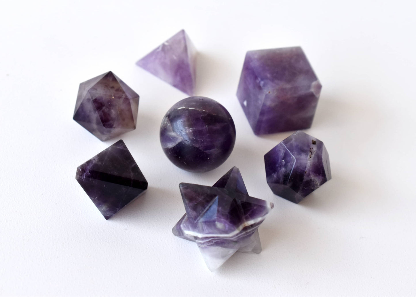 7 pcs Amethyst Platonic Solids Sacred Geometric Set, Crystal Geometry Set.
