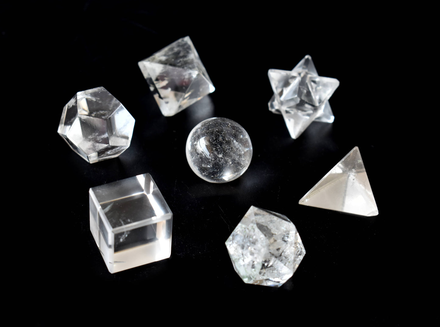 7 pcs Crystal Quartz Platonic Solids Sacred Geometric Set, Crystal Geometry Set