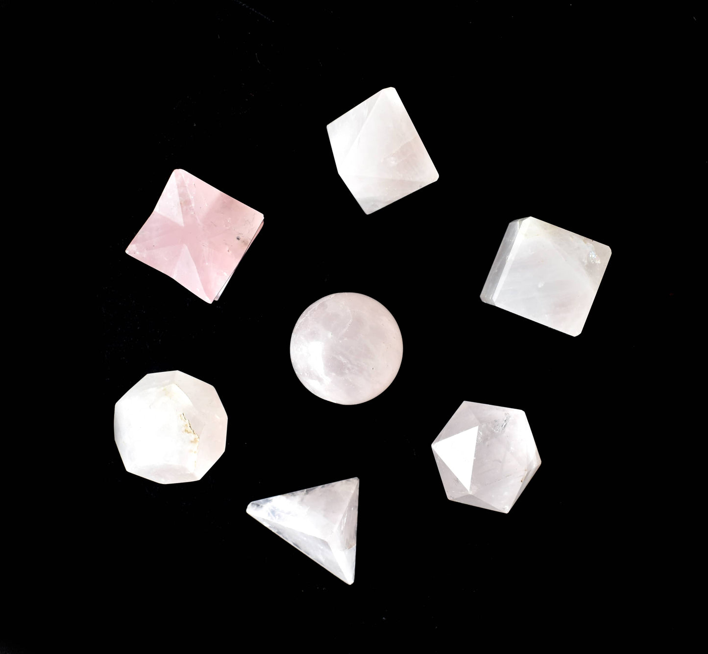 7 pcs Rose Quartz Platonic Solids Sacred Geometric Set, Crystal Geometry Set