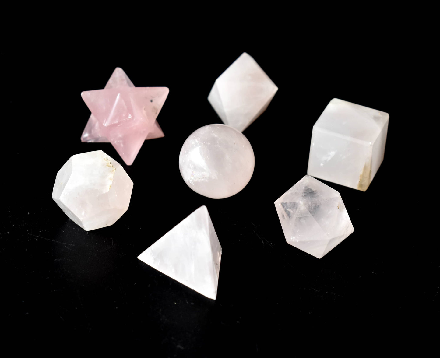 7 pcs Rose Quartz Platonic Solids Sacred Geometric Set, Crystal Geometry Set