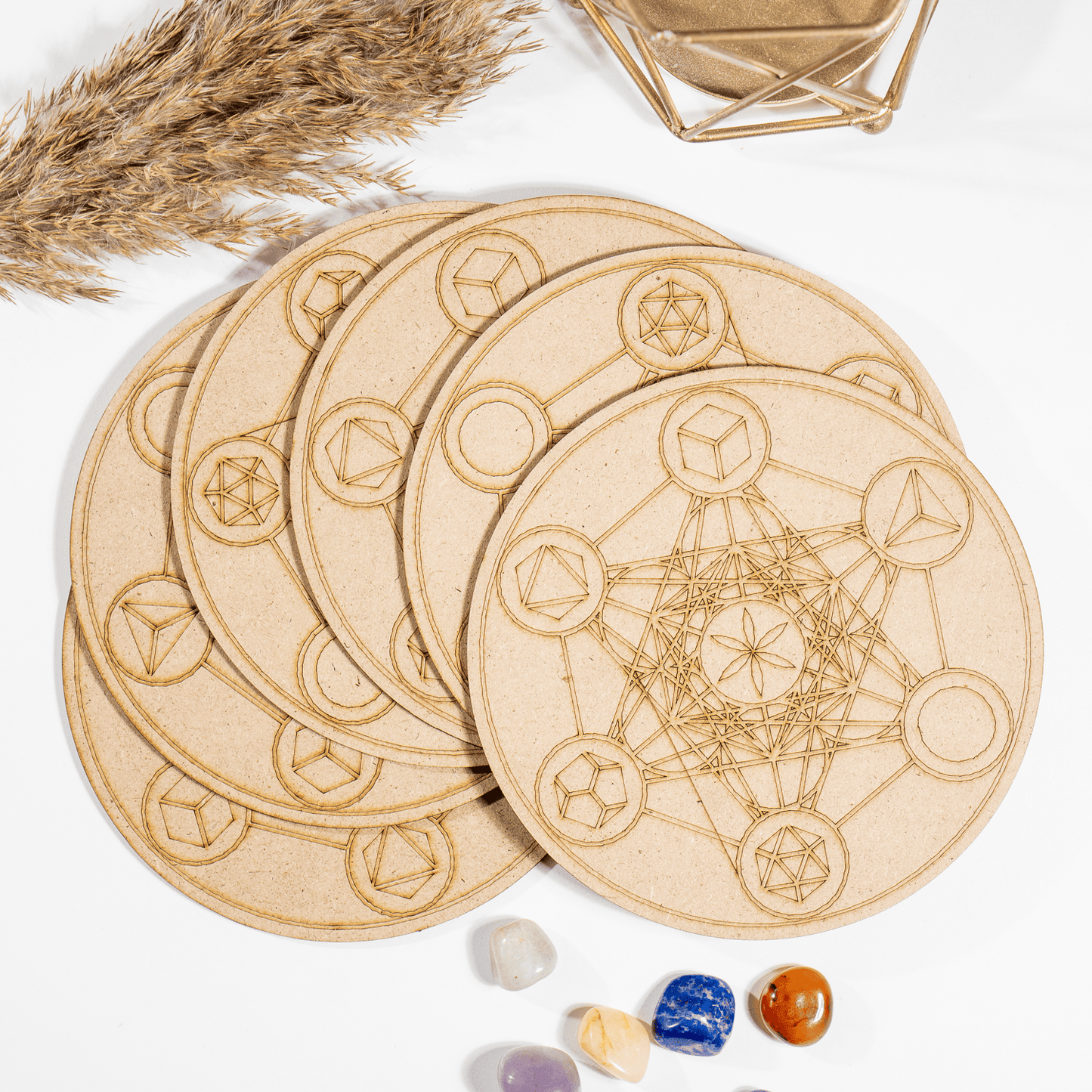 6" Wooden Geometric Set Crystal Grid Plate