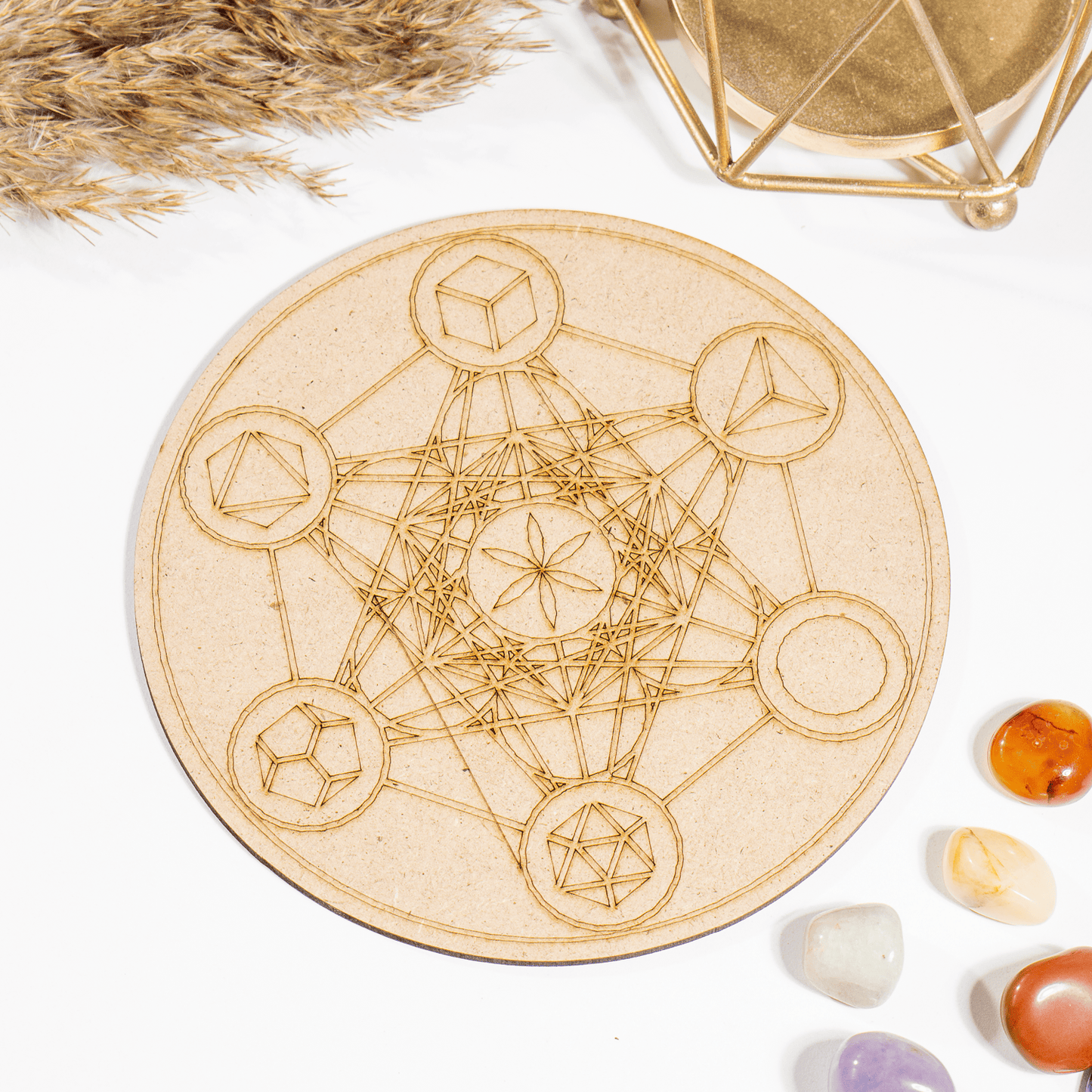 6" Wooden Geometric Set Crystal Grid Plate