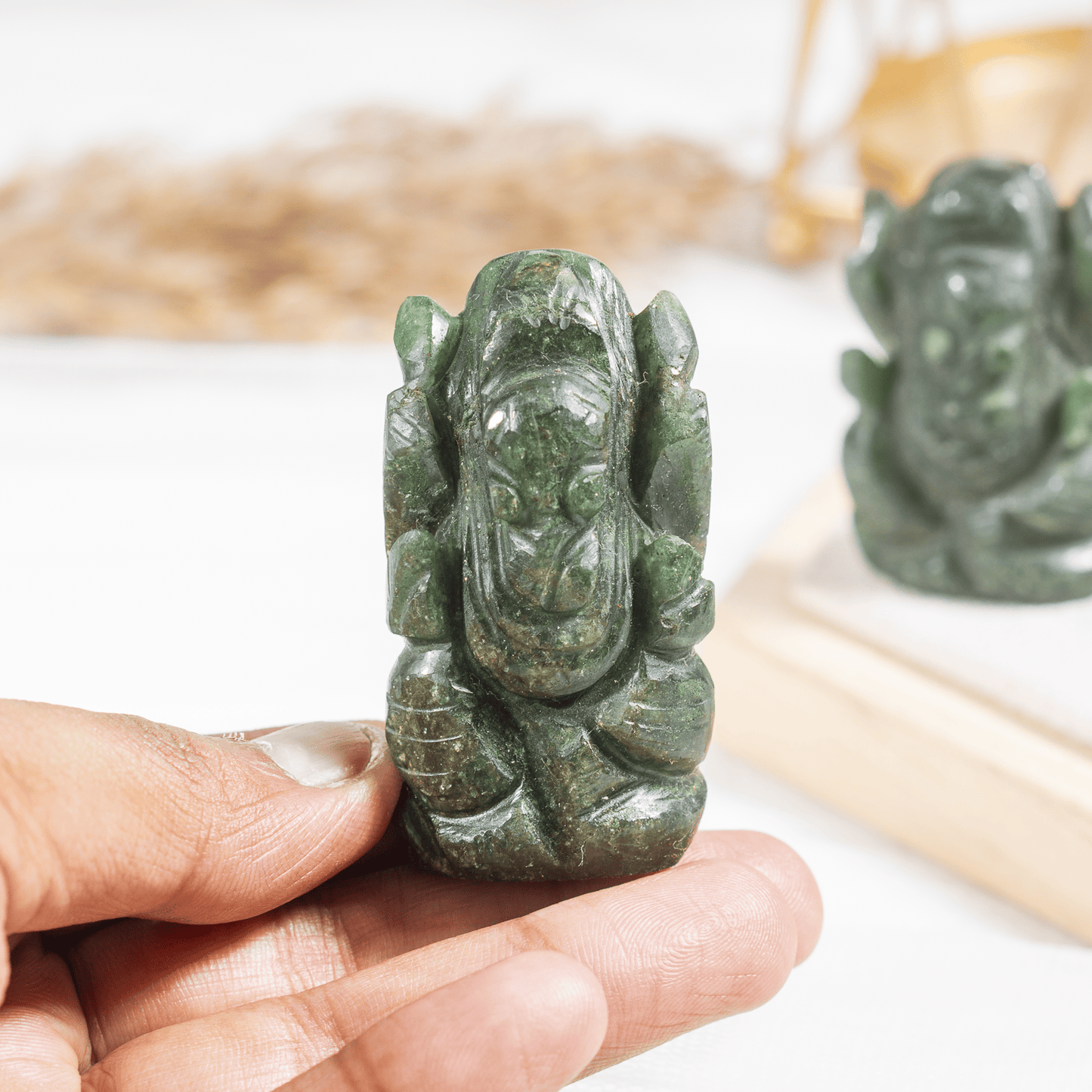 1kg Green Jade Ganesha Statue Gemstone, Hand carved Ganesha God of Intelligence Good Luck