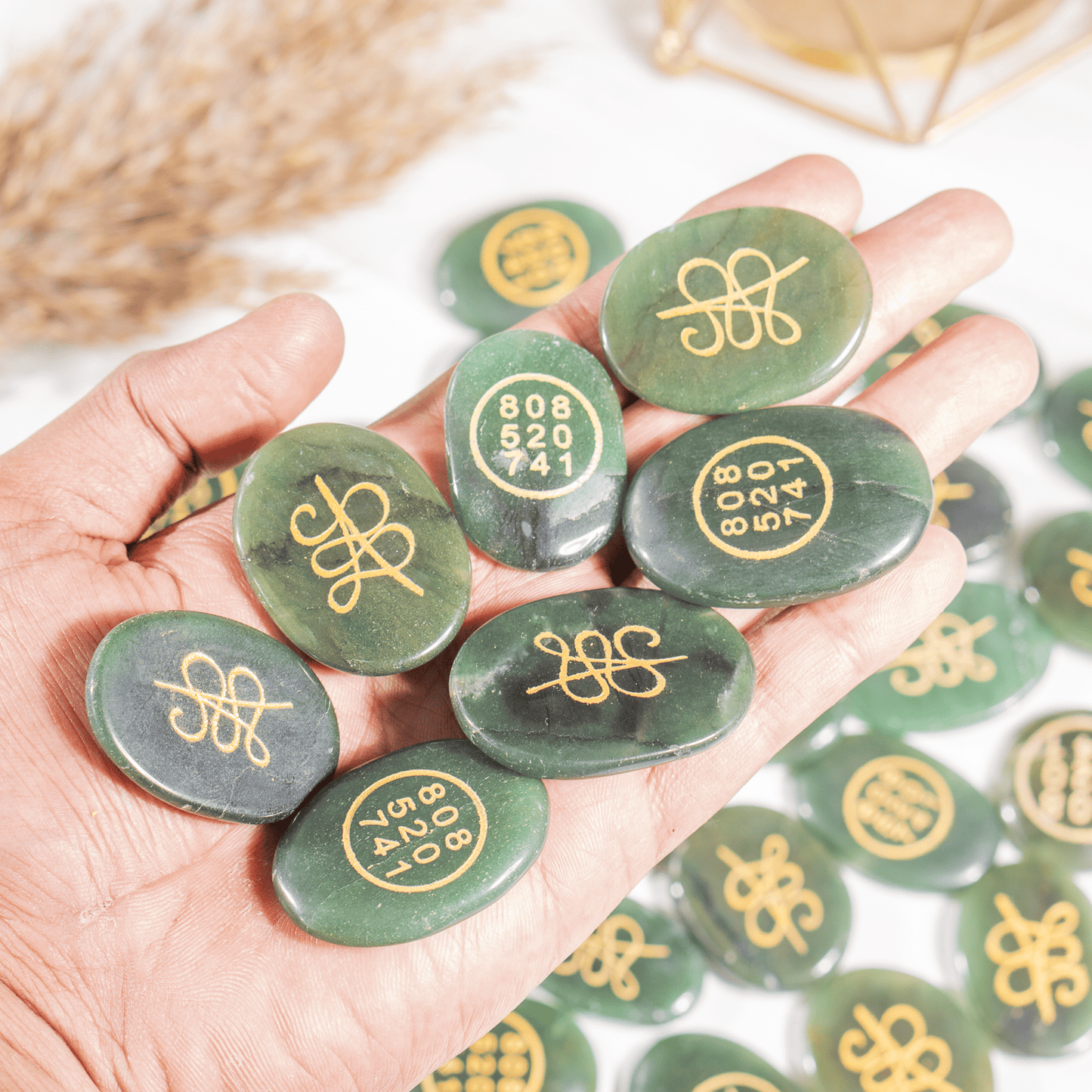 Green Jade Zibu Engraved Stones
