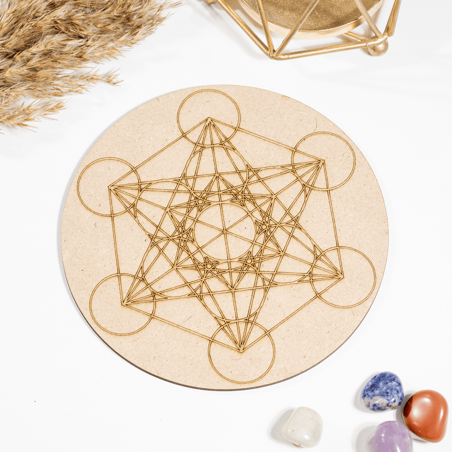 6" Wooden Metatron Cube Crystal Grid Plate