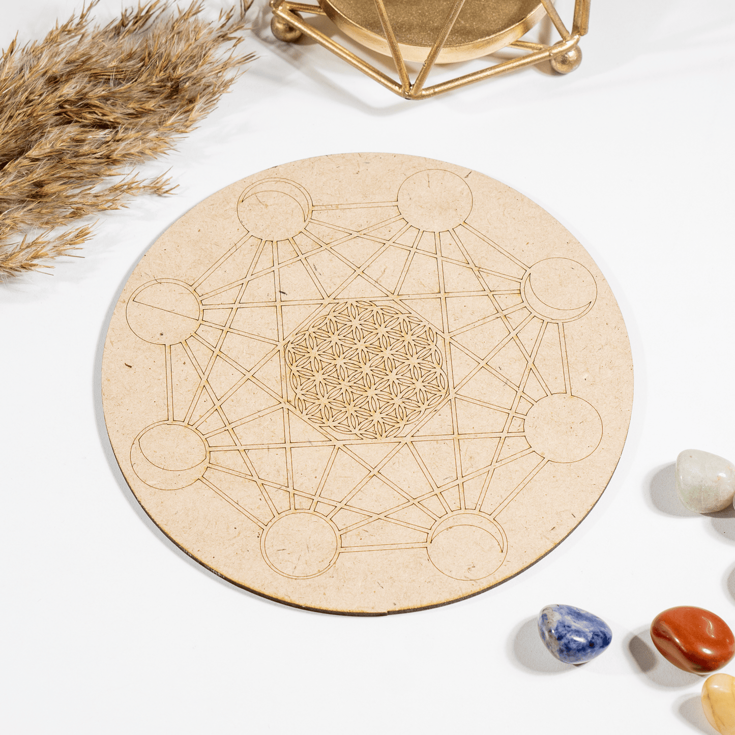 6" Wooden Moon Phases Crystal Grid Plate