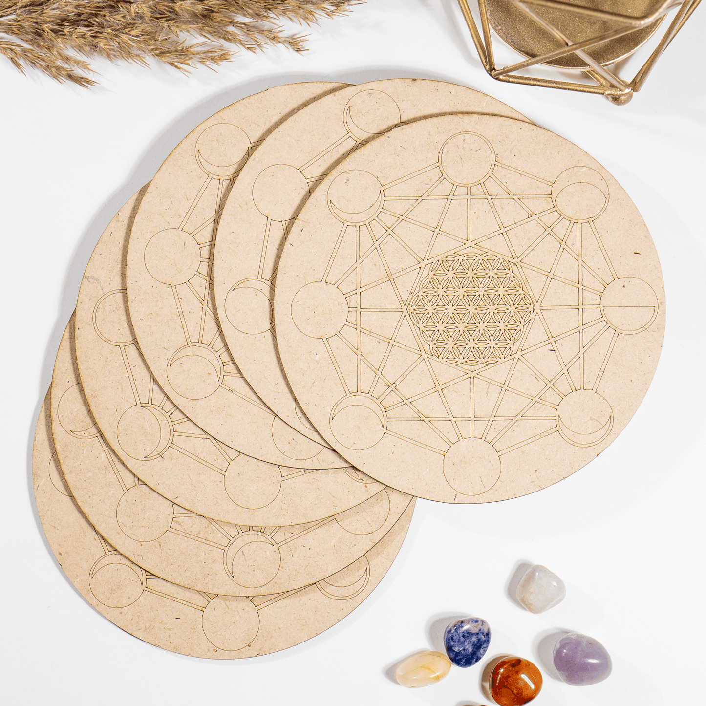 6" Wooden Moon Phases Crystal Grid Plate