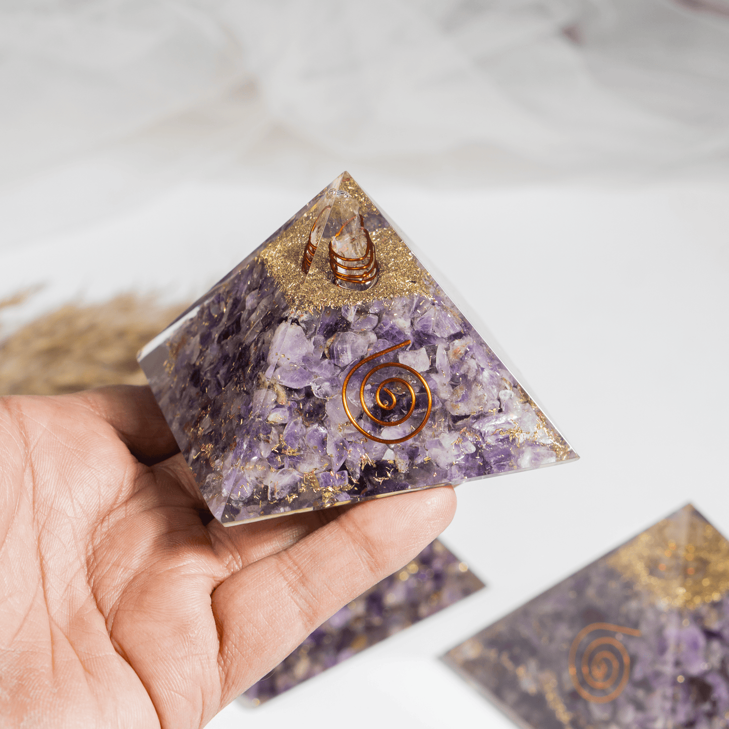 Amethyst Orgone pyramid With Clear Quartz Crystal Pencil