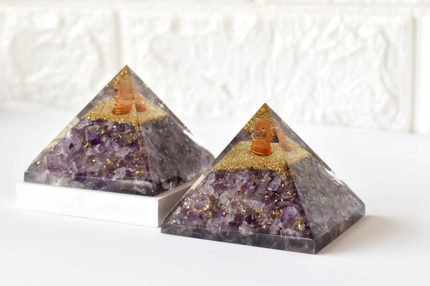 Amethyst Orgone pyramid With Clear Quartz Crystal Pencil