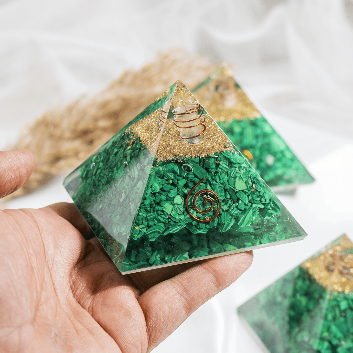 Malachite Orgone pyramid with Clear Quartz Crystal Pencil
