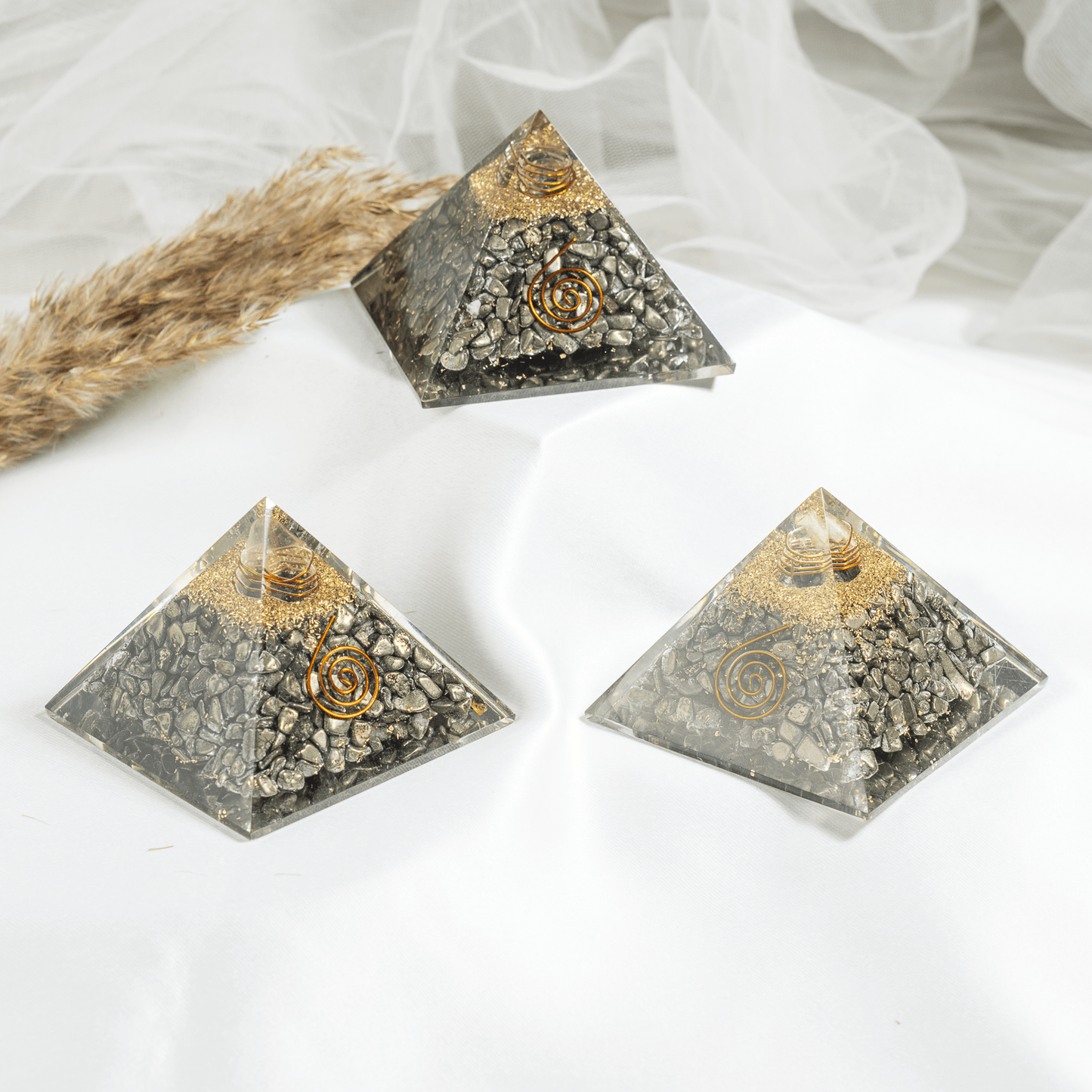 Pyrite Orgone pyramid with Clear Quartz Crystal Pencil
