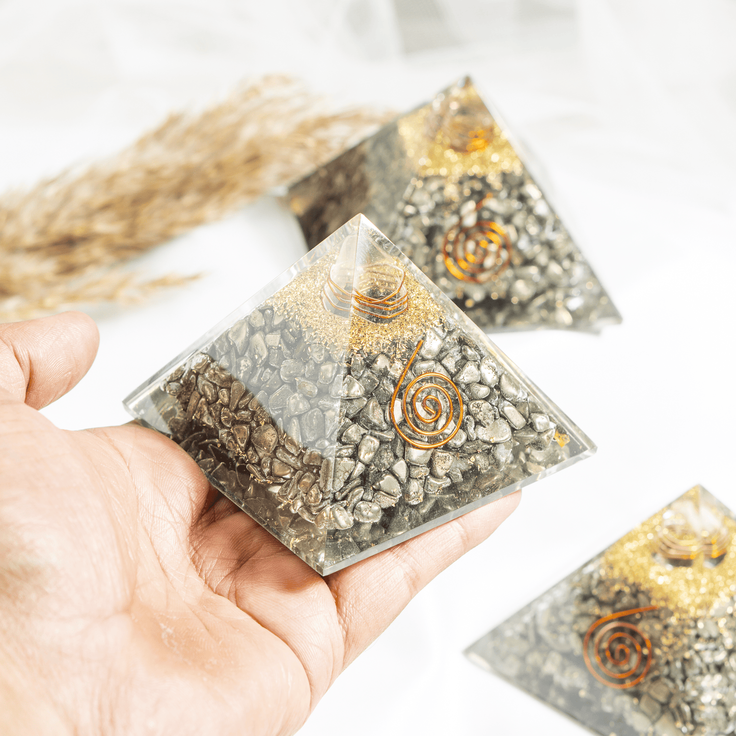 Pyrite Orgone pyramid with Clear Quartz Crystal Pencil