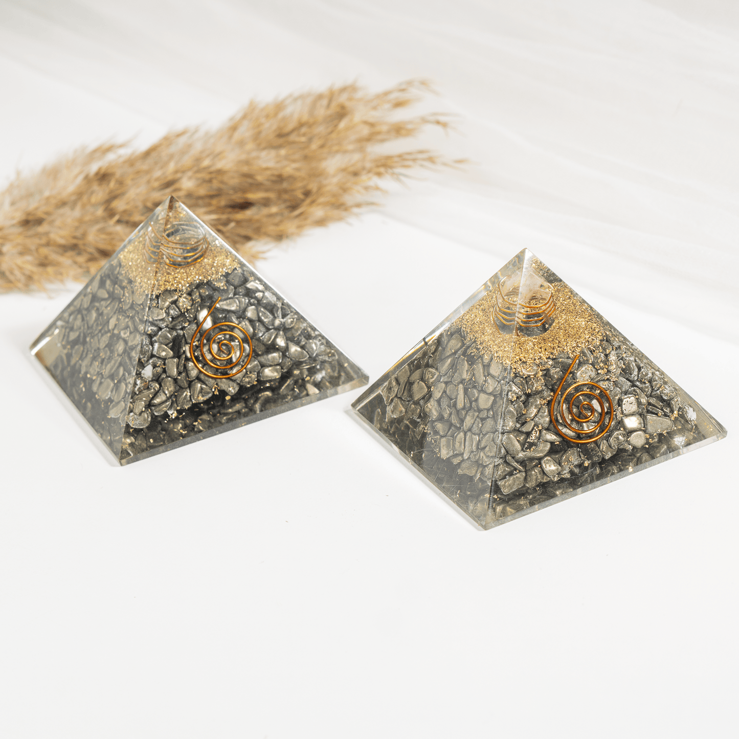 Pyrite Orgone pyramid with Clear Quartz Crystal Pencil
