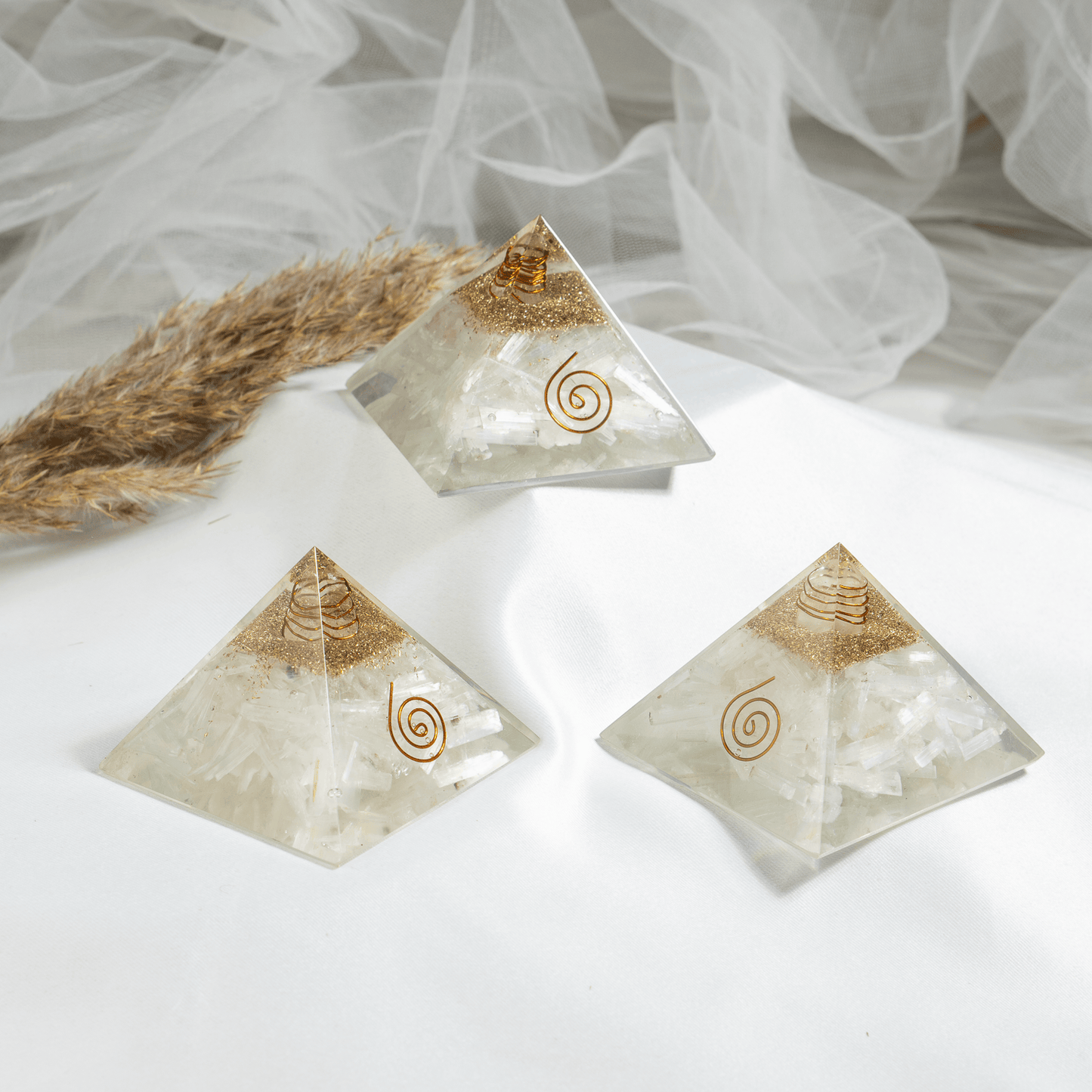 Selenite Orgone pyramid with Clear Quartz Crystal Pencil
