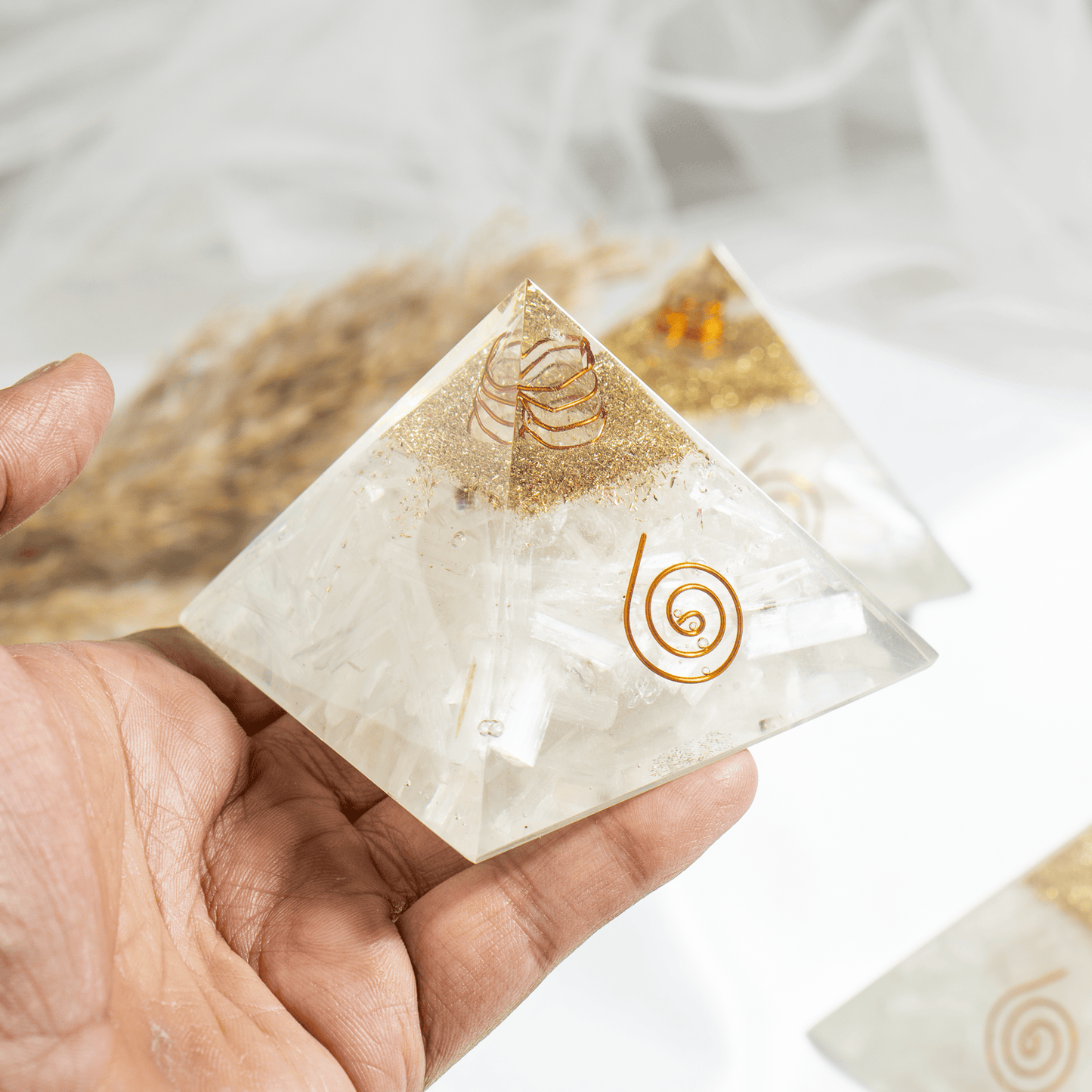 Selenite Orgone pyramid with Clear Quartz Crystal Pencil