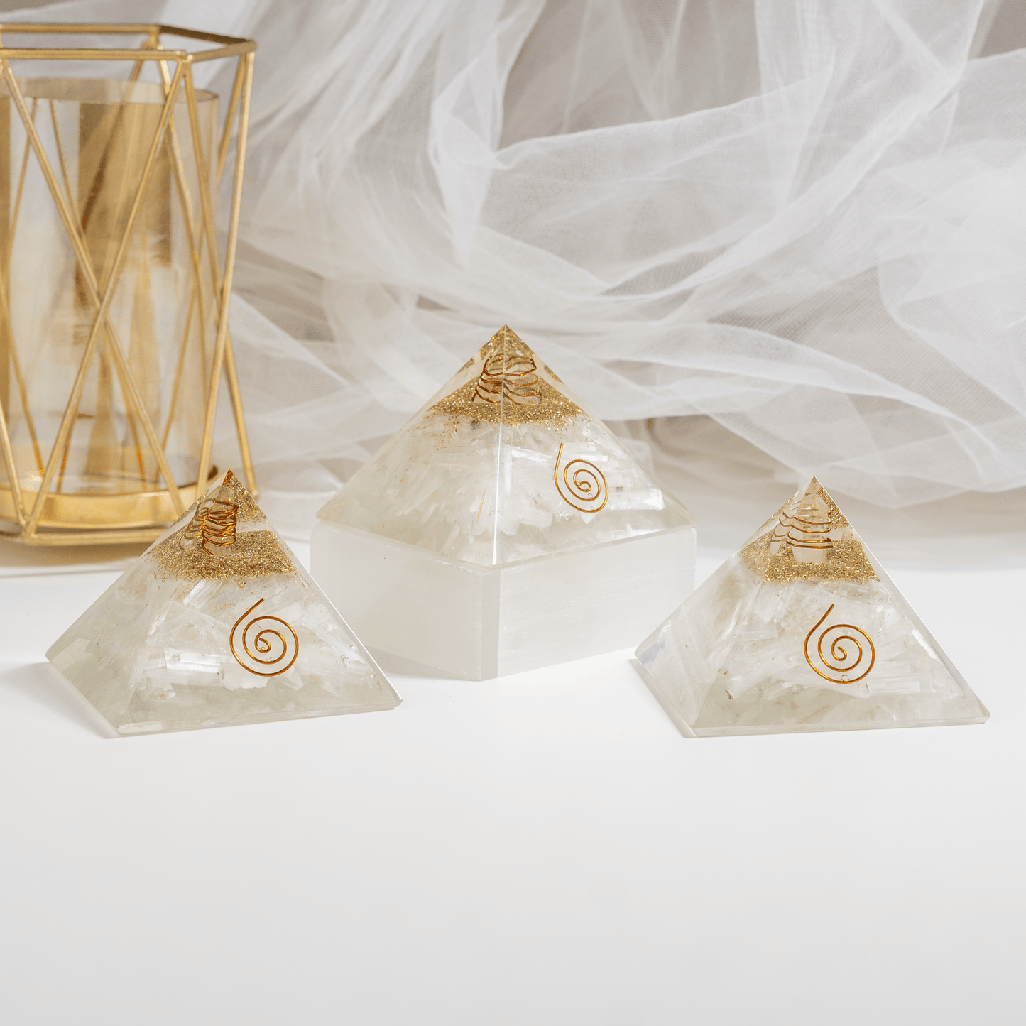 Selenite Orgone pyramid with Clear Quartz Crystal Pencil