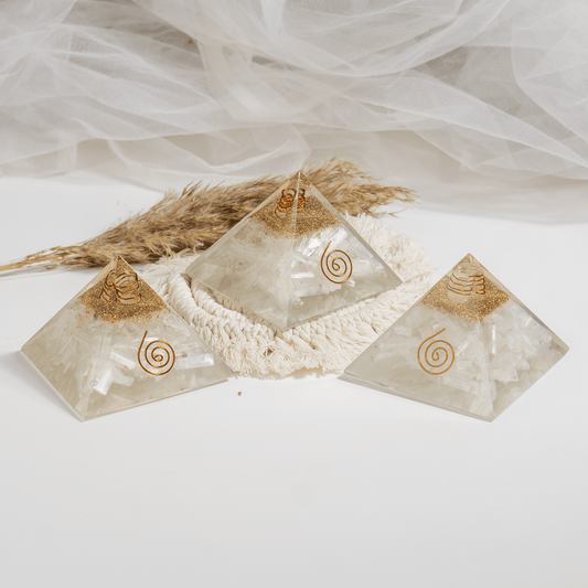 Selenite Orgone pyramid with Clear Quartz Crystal Pencil