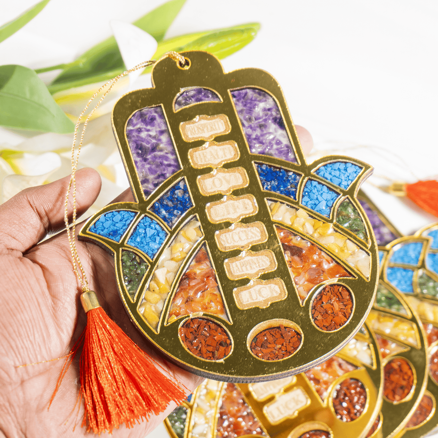 Hamsa Wall Hanging | 7 Chakra Crystal Decor | Spiritual Wall Hanging | Protection Charm | Car Hanging Ornament