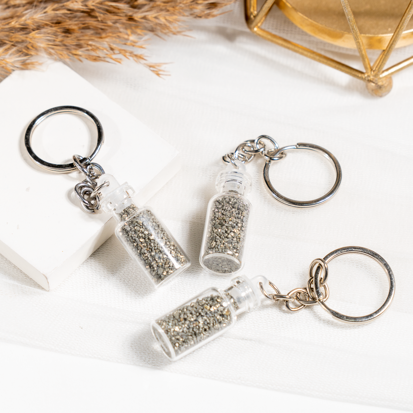 Pyrite Treasure Bottle Keychain | Natural Pyrite Crystal Keychain | Lucky Charm