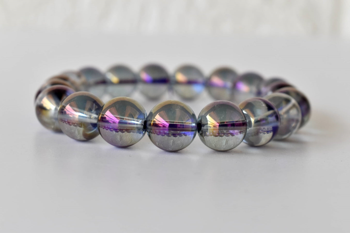 Aura Quartz Amethyst Bracelet, Round Beaded Bracelet