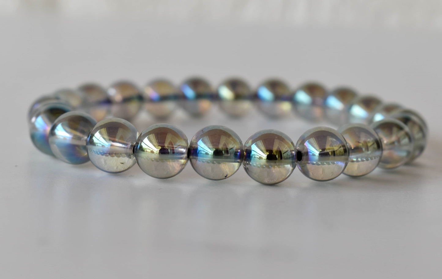 Aura Quartz Labradorite Bracelet, Round Beaded Bracelet.