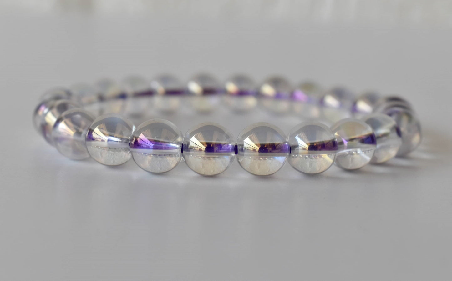 8mm Aura Quartz Rainbow Moonstone Bracelet, Round Beaded Bracelet