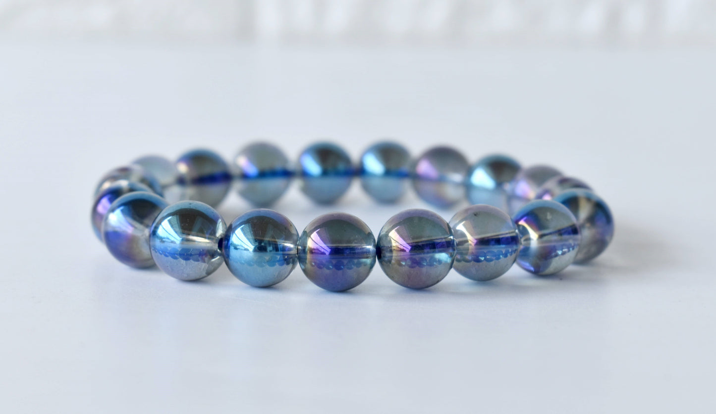 Aura Quartz Titanium Bracelet, Round Beaded Bracelet.
