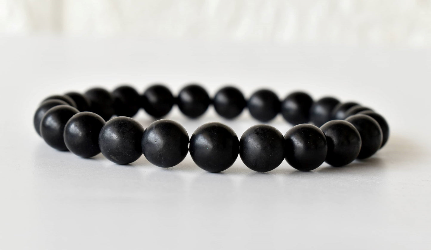 Black Shungite Bracelet, Round Beaded Crystal Bracelet