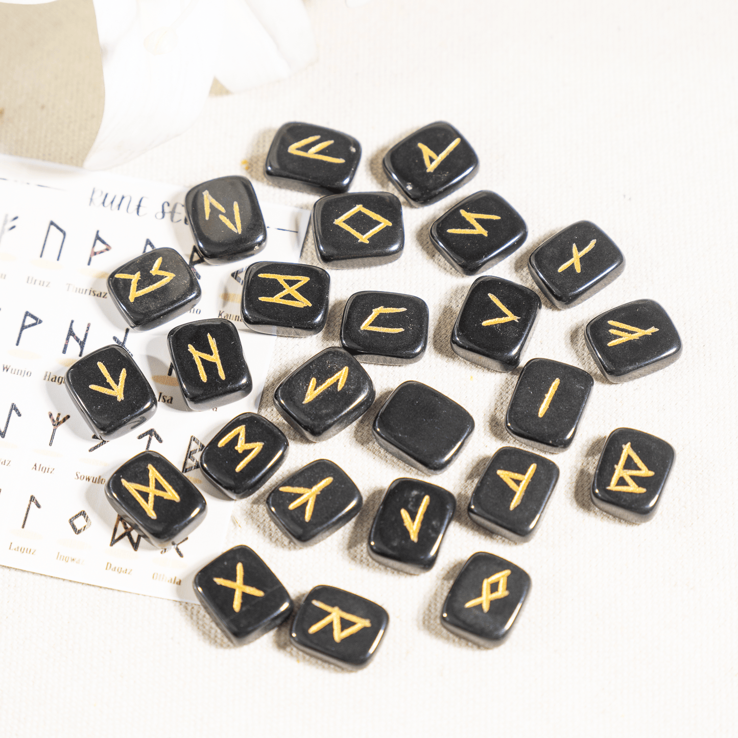 Black Jasper Rune Sets with Black Velvet Pouch and Rune Card