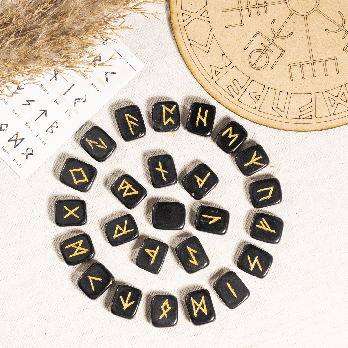 Black Jasper Rune Sets with Black Velvet Pouch and Rune Card