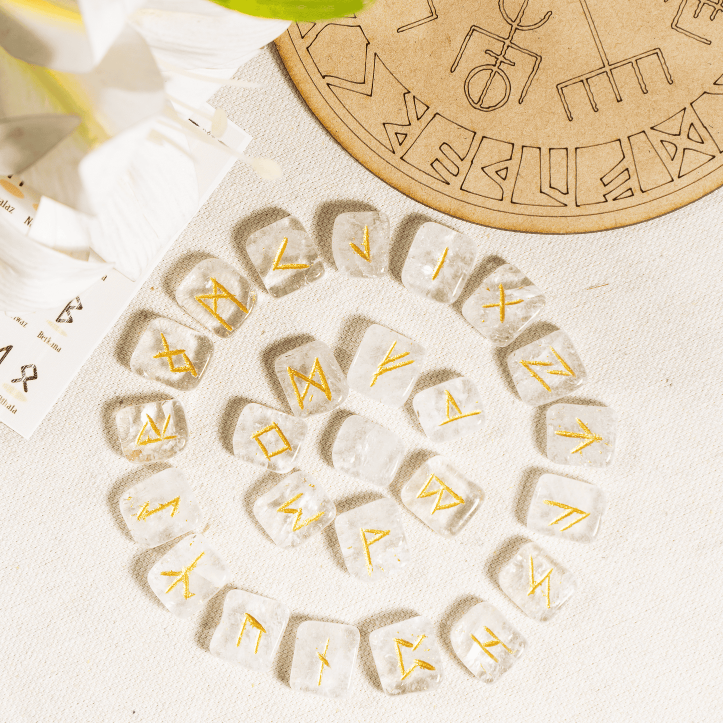 Crystal Quartz Rune Sets with Black Velvet Pouch and Rune Card