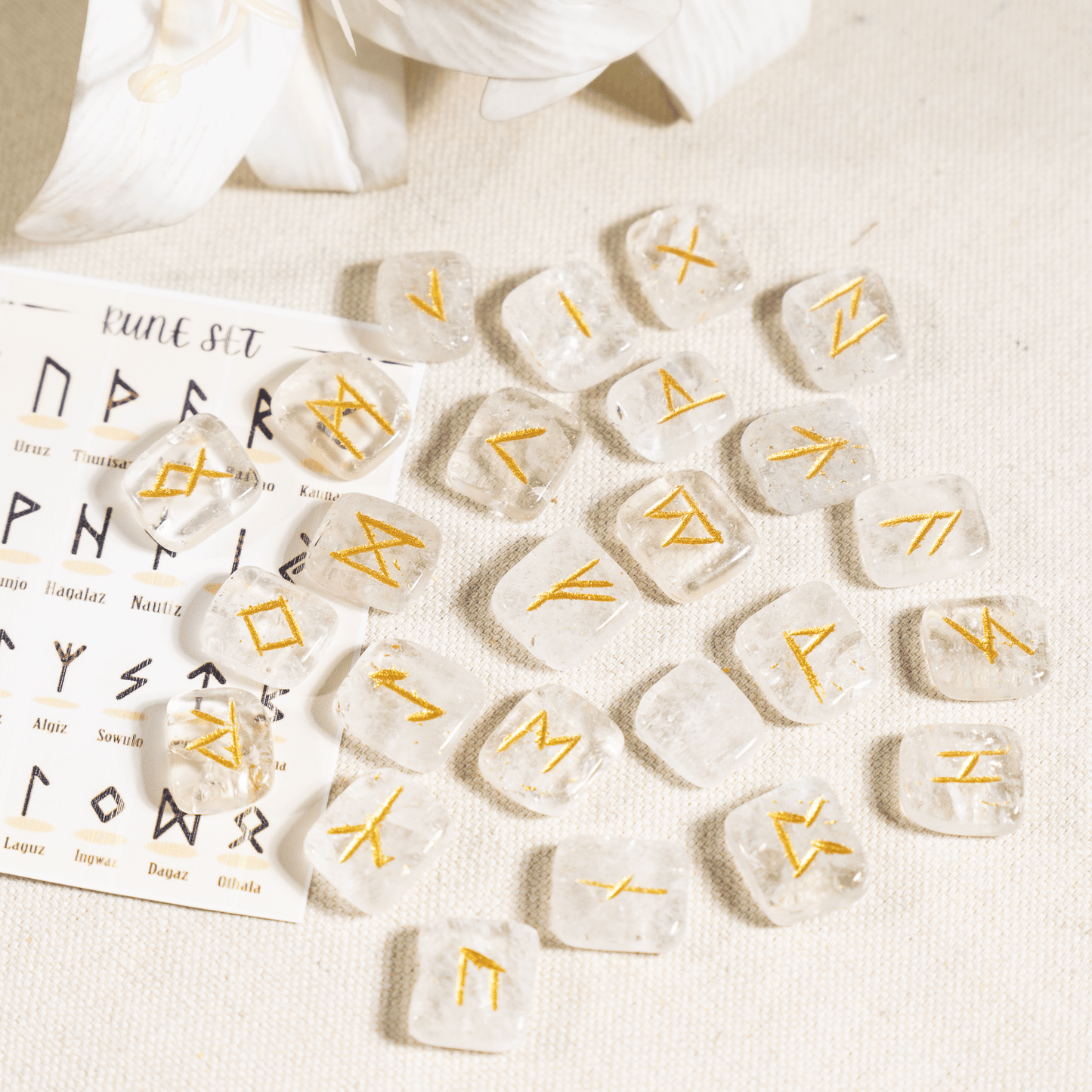 Crystal Quartz Rune Sets with Black Velvet Pouch and Rune Card