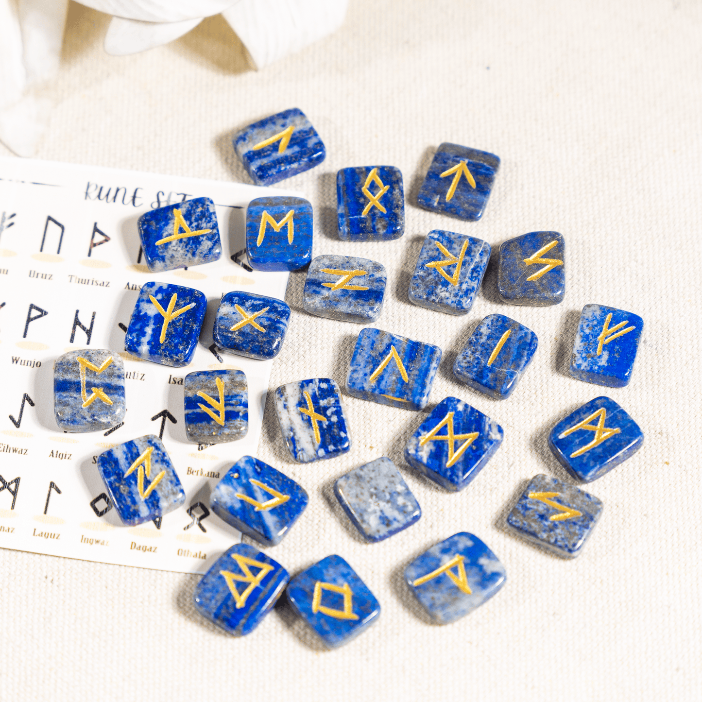 Lapis Lazuli Rune Sets  with Black Velvet Pouch and Rune Card