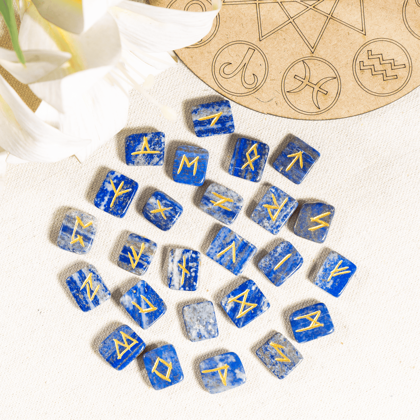 Lapis Lazuli Rune Sets  with Black Velvet Pouch and Rune Card