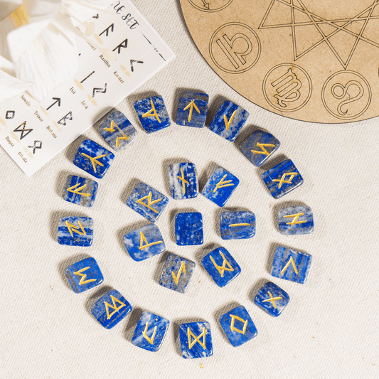 Lapis Lazuli Rune Sets  with Black Velvet Pouch and Rune Card
