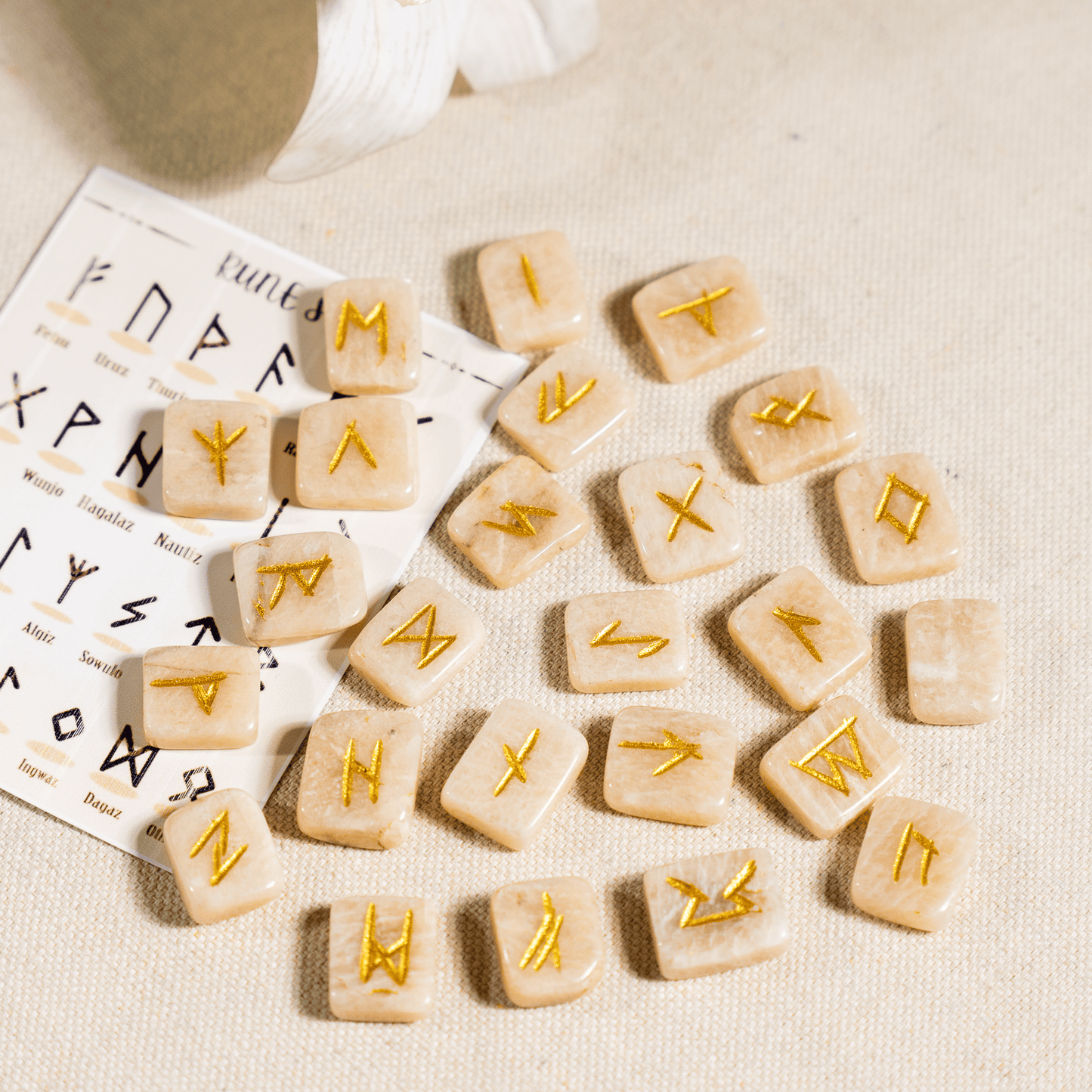 Moonstone Rune Sets with Black Velvet Pouch and Rune Card