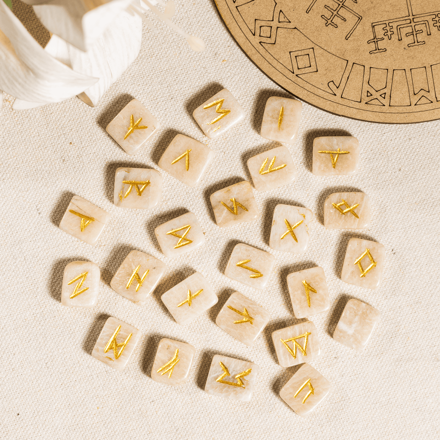 Moonstone Rune Sets with Black Velvet Pouch and Rune Card