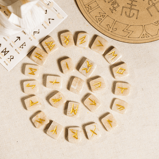 Moonstone Rune Sets with Black Velvet Pouch and Rune Card