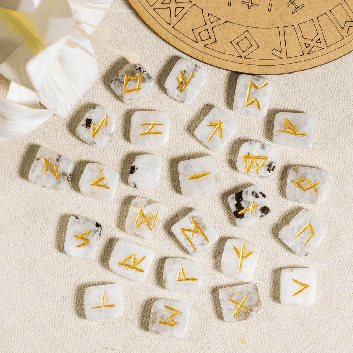 Rainbow Moonstone Rune Sets with Black Velvet Pouch and Rune Card