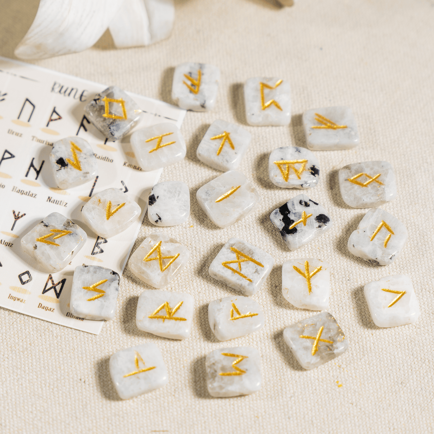 Rainbow Moonstone Rune Sets with Black Velvet Pouch and Rune Card