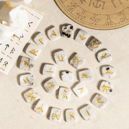 Rainbow Moonstone Rune Sets with Black Velvet Pouch and Rune Card