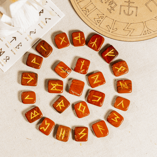 Red Jasper Rune Sets with Black Velvet Pouch and Rune Card